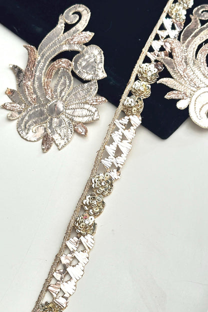 Vintage Look Handmade Sequin Lace Metallic ThreadWork Gold Trim Bridal Dress Sash Headband Lace Festive Fabric Custom Dress Lace Trim