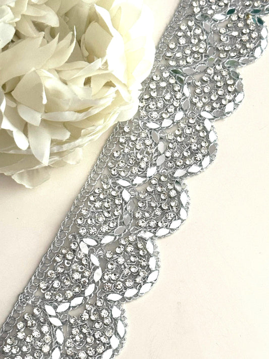 Zircon and Mirror Indian Trim Embellished Metallic Silver Sari trim