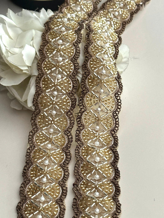 Glass Bead Pearl Embellished 4cm Bridal Lace Trim Indian Embroidered Band