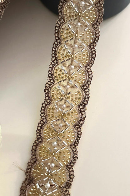 Glass Bead Pearl Embellished 4cm Bridal Lace Trim Indian Embroidered Band