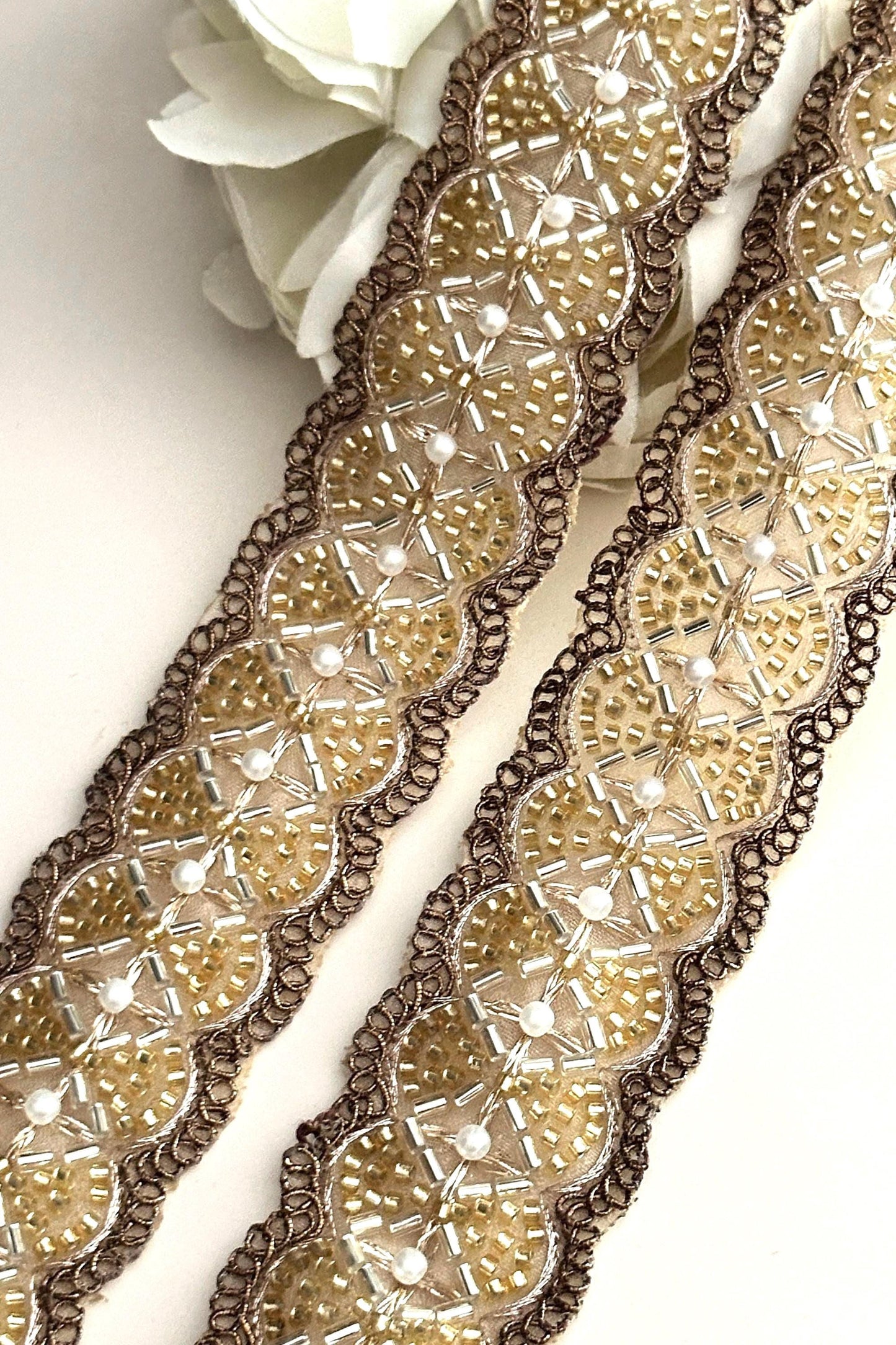 Glass Bead Pearl Embellished 4cm Bridal Lace Trim Indian Embroidered Band