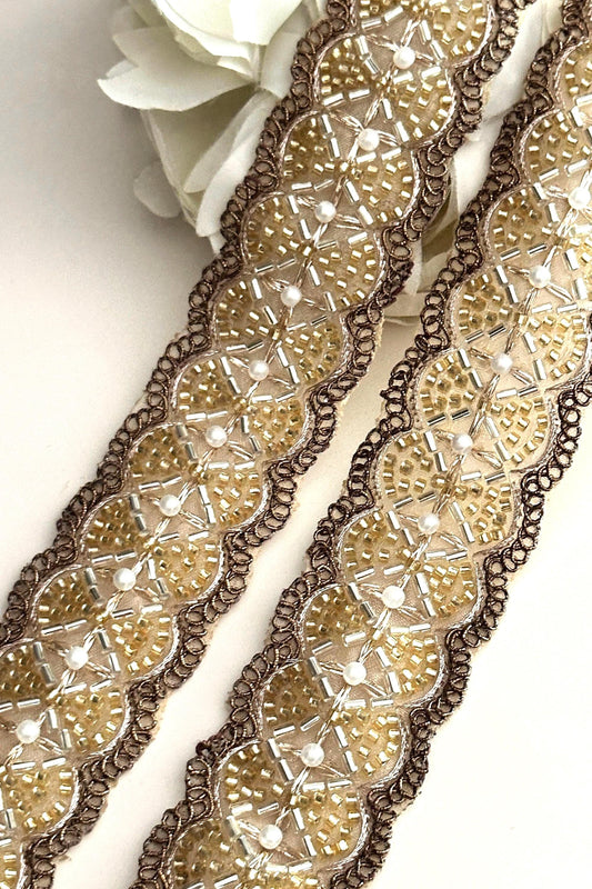Glass Bead Pearl Embellished 4cm Bridal Lace Trim Indian Embroidered Band