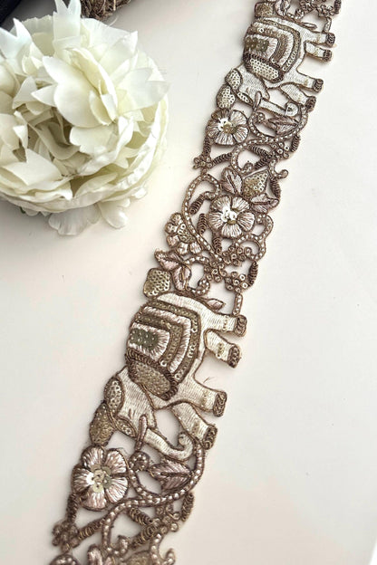 5.5cm Indian Traditional Elephant Embroidered Zari Lace Indian Motif Sari Border Trim