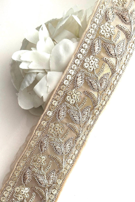Light Gold Flower Zari Embroidery & Sequin Cutwork Traditional Indian Trim