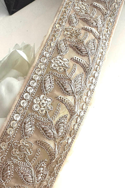 Light Gold Flower Zari Embroidery & Sequin Cutwork Traditional Indian Trim