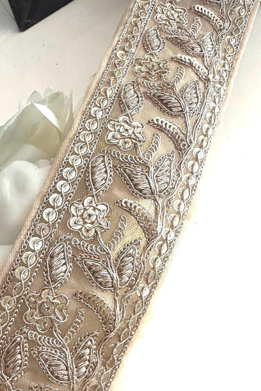 Light Gold Flower Zari Embroidery & Sequin Cutwork Traditional Indian Trim