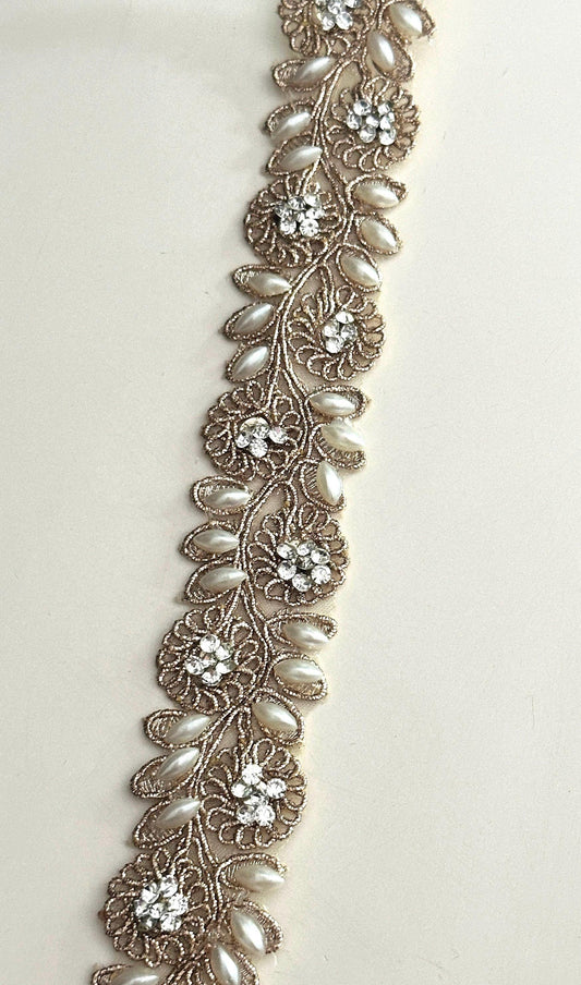 Rose Gold Pearl Crystal Embroidered Lace Pearl Embroidered Band Zari Embellish