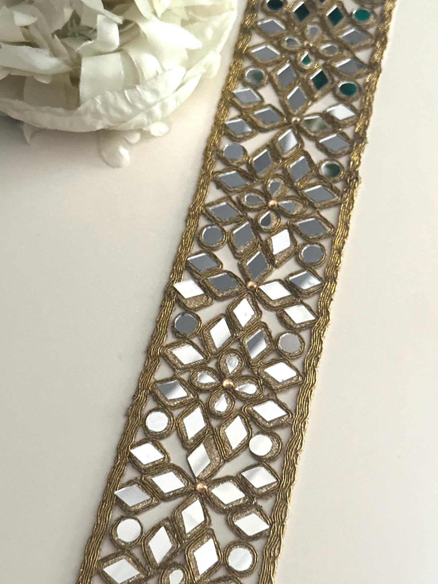 Antique Indian Belt Geometric Pattern Mirror Trim Handcrafted saree Border