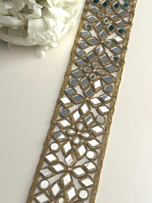 Antique Indian Belt Geometric Pattern Mirror Trim Handcrafted saree Border