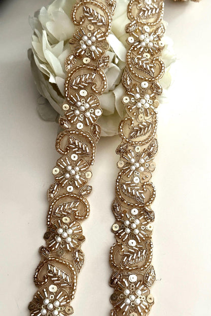 Gold Glass Bead Pearl 3cm Embellished Bridal Lace Crafting Cushion Trim