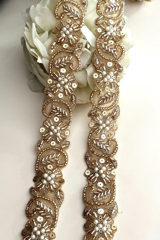 Gold Glass Bead Pearl 3cm Embellished Bridal Lace Crafting Cushion Trim