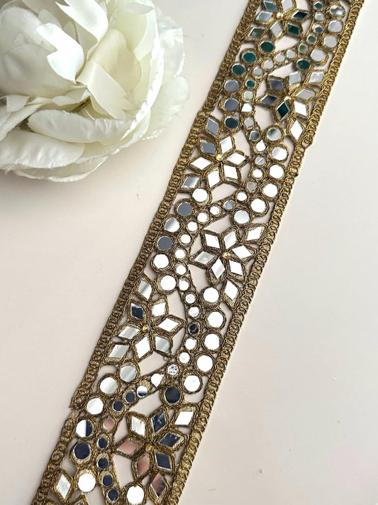 Indian Wave Mirror Belt Broad MIrror Lace Trim Glamorous Cinturon Espajo Border