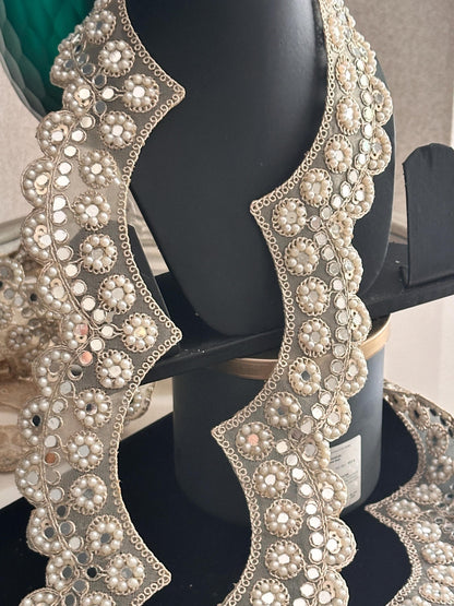 Scalloped Pale Gold Mirror Border 3cm Pearl Bead  and mirror work