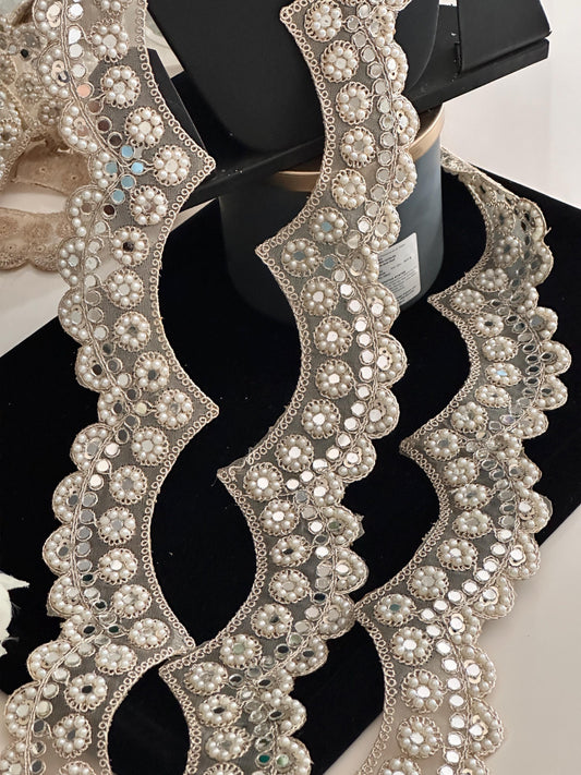 Scalloped Pale Gold Mirror Border 3cm Pearl Bead  and mirror work