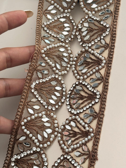 Antique Zari Work Pearl And Mirror Indian Trim Lace Sari Border DIY Wedding Sash