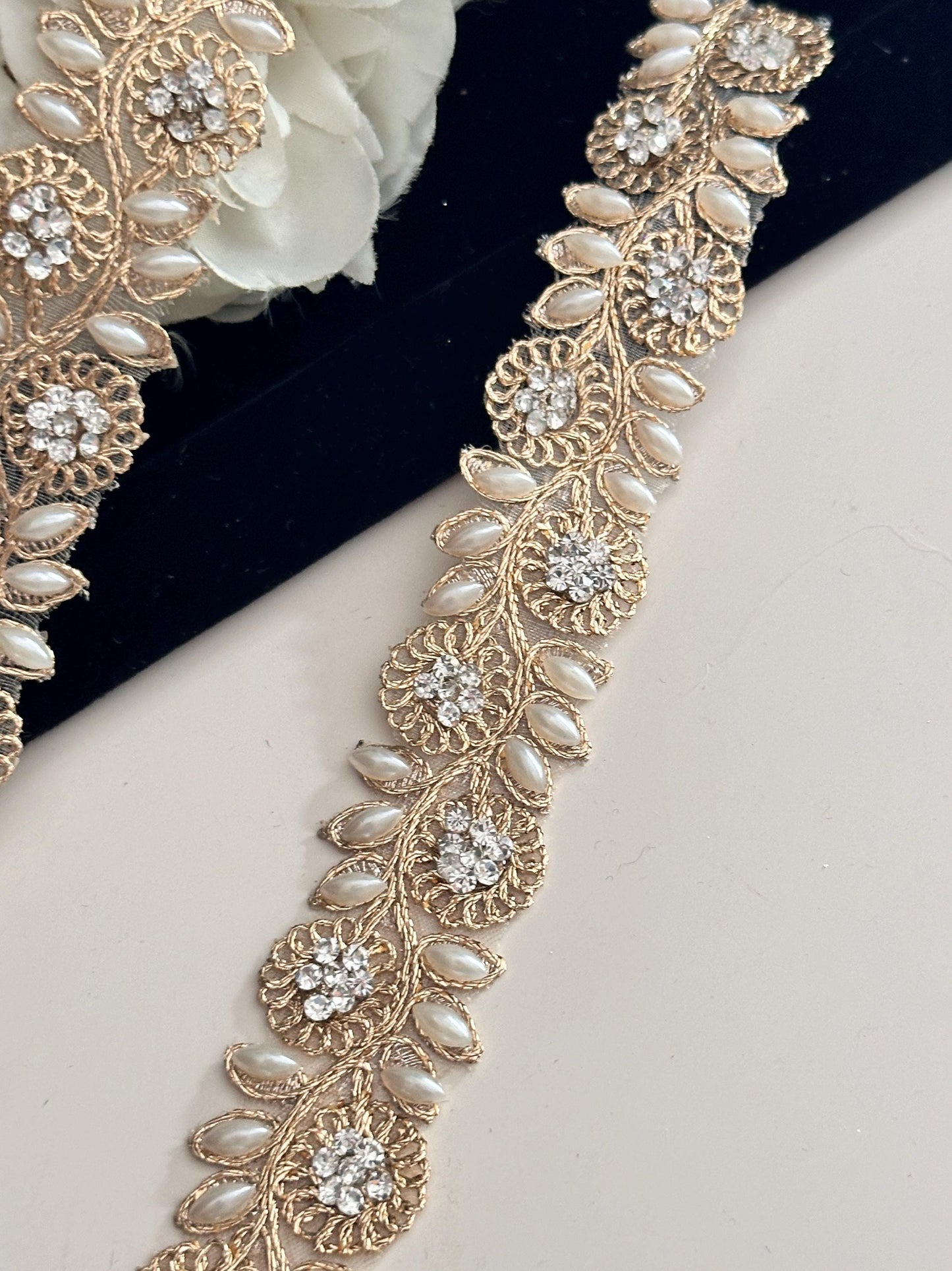 Pearl beaded lace trim with Rhinestone Thin Vine Bridal Sash Hair Accessory
