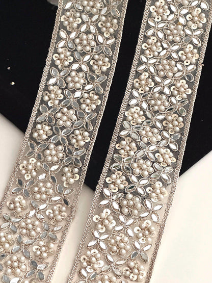 Broad Elegant White Pearl pale Zircon Gold Zari Work Lace Trim Stonework