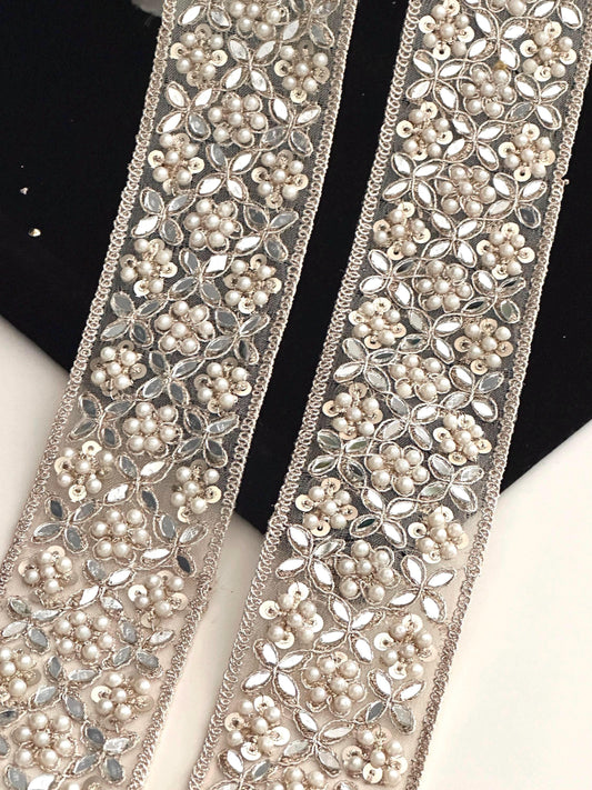 Broad Elegant White Pearl pale Zircon Gold Zari Work Lace Trim Stonework