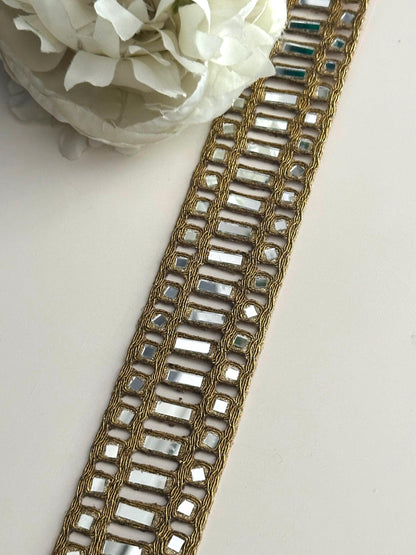Indian Mirror Gold Hand Crafted Broad Mirror Work Border Jewelled Mirror Belts Kaftans