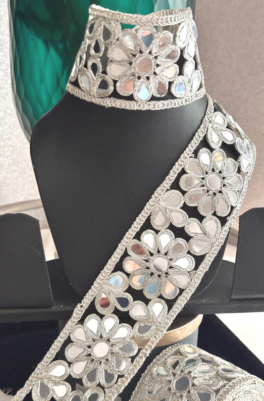 Indian Silver Flower Mirror Band for DIY Dress Belts Vintage dresses Designer saree Border