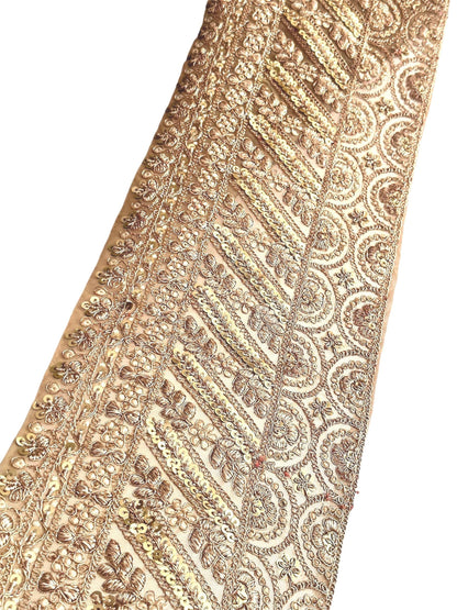 Light gold sequin bridal veil lace trim with zari threadwork, perfect for wedding veils and ball gowns.