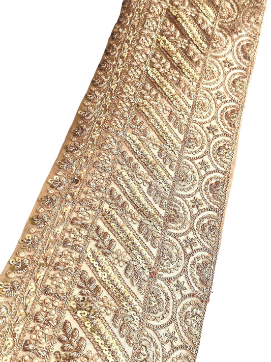 Light gold sequin bridal veil lace trim with zari threadwork, perfect for wedding veils and ball gowns.
