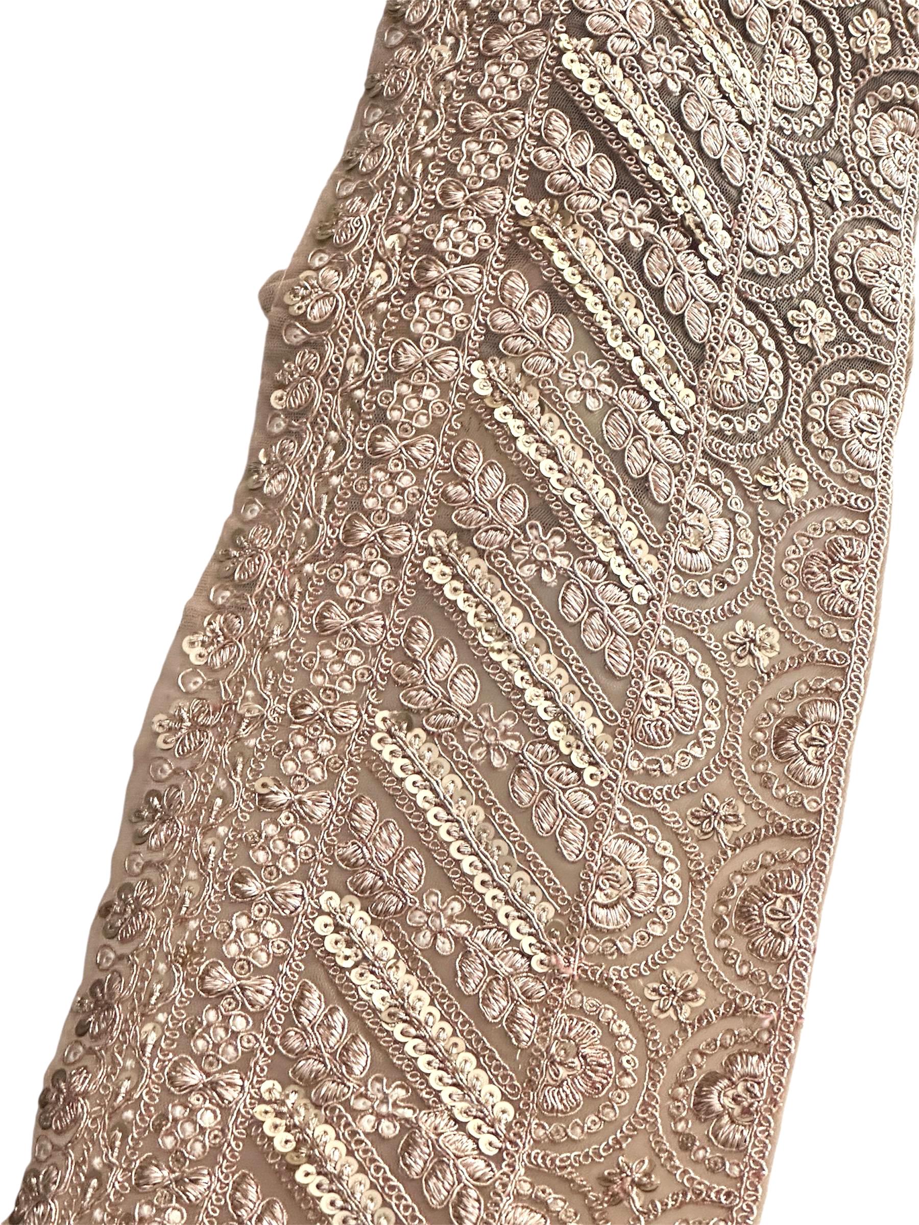 &quot;Light gold sequin bridal veil lace trim with zari thread work, 
&quot;Luxurious zari and sequin embroidered lace trim for enhancing bridal veils, wedding gowns, and evening wear.&quot;