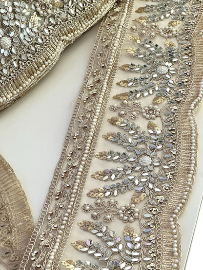 Bridal Veil Lace Floral Lace Applique Trim Pearl & Mirror Cathedral Veil