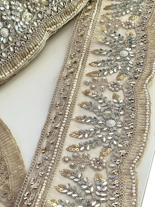 Bridal Veil Lace Floral Lace Applique Trim Pearl & Mirror Cathedral Veil