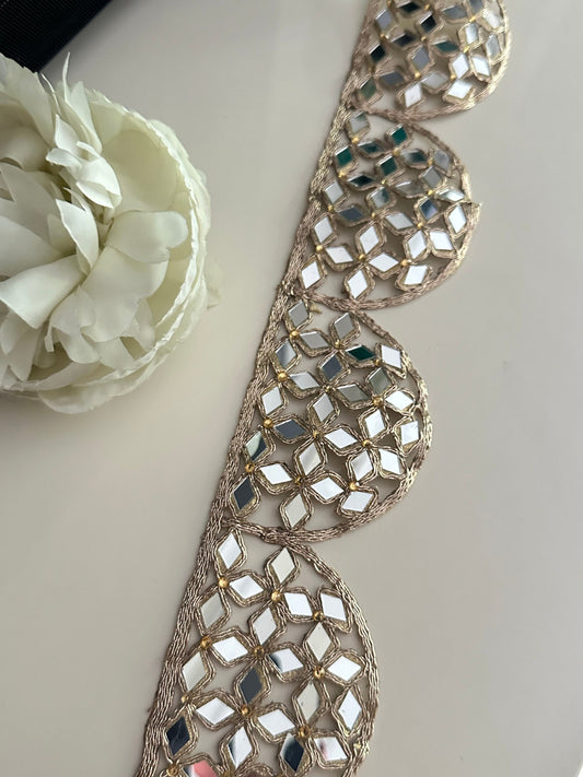 Mirror Work Border 7cm Scallop Rose Gold Hand Crafted For Mirror Belt Kaftans saree Suit Neck