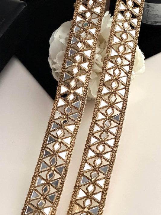 3cm Symmetric Pattern Old Gold Antique Geometric Cutwork Glamourous Sari trim