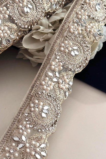 Luxury Light Pearl Zircon Embroidery Sari Border Edging Trim Wedding Dress Lace