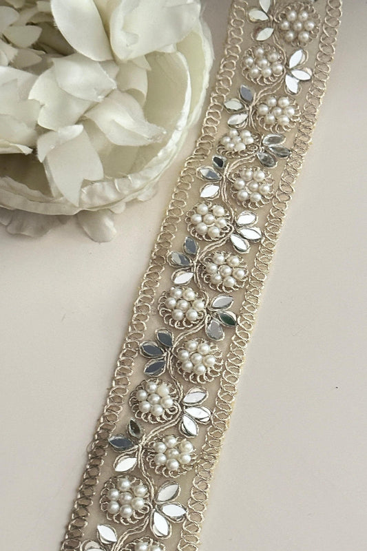 Pearl Gold Indian Embroidered Mirror Work Trim Zari Embroidery Vine Pattern