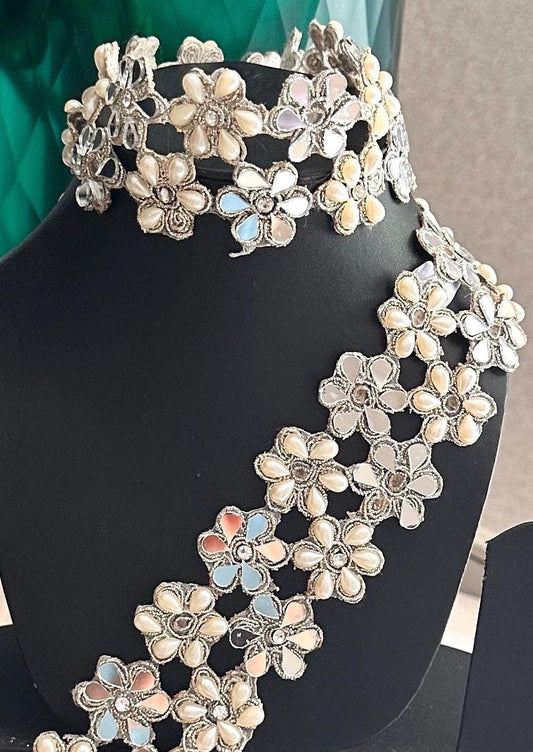Mirror Flower Indian Embroidered Choker Border Pearl & Mirror Trim 4cm