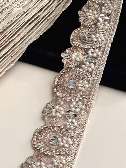 Luxury Light Pearl Zircon Embroidery Sari Border Edging Trim Wedding Dress Lace