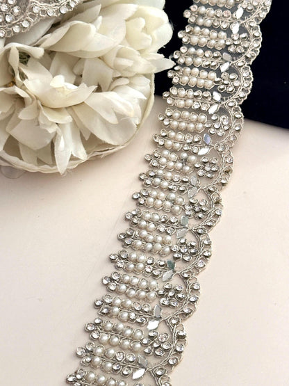 Light Gold crystal zircon mirror embellish Trim Indian Embroidered border