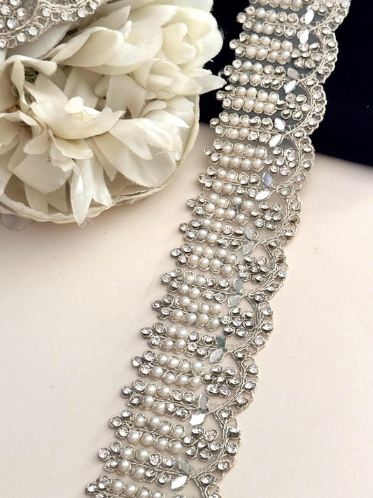 Light Gold crystal zircon mirror embellish Trim Indian Embroidered border