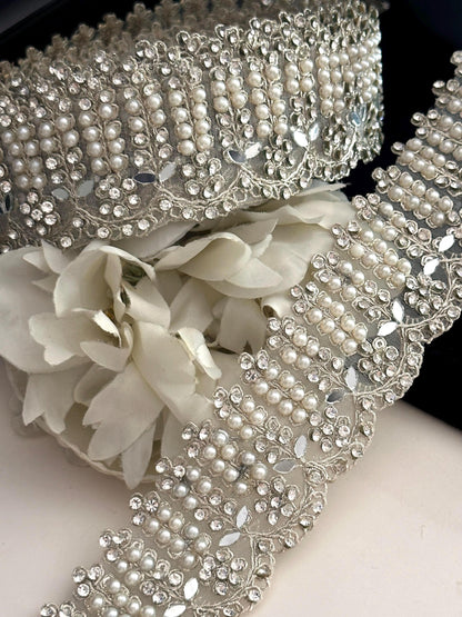 Light Gold crystal zircon mirror embellish Trim Indian Embroidered border