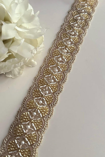 Gold Glass Bead Pearl 4cm Embellished  Bridal Lace Crafting Cushion Lace Trim