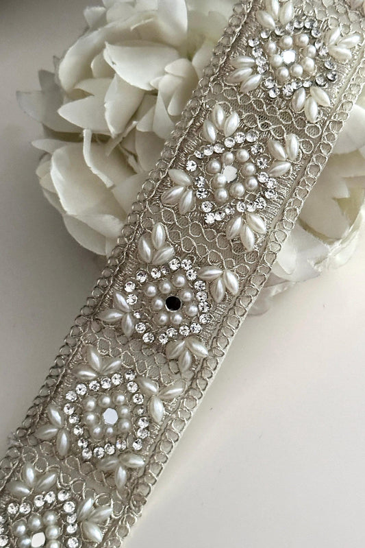 Silver pearl and crystal zircon 4.5cm embellished Indian border By yard sari trim