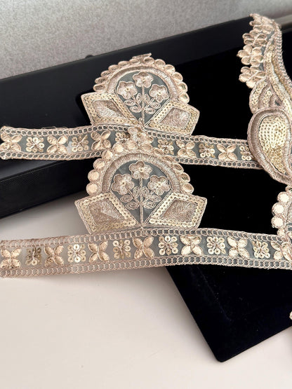 Gold Handmade Neckline Applique Patch Embroidered Zari Neckline With Lace