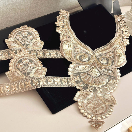 Gold Handmade Neckline Applique Patch Embroidered Zari Neckline With Lace