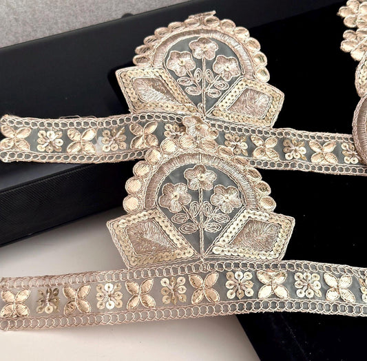 Gold Handmade Neckline Applique Patch Embroidered Zari Neckline With Lace