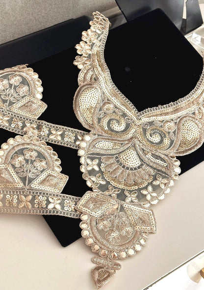 Gold Handmade Neckline Applique Patch Embroidered Zari Neckline With Lace