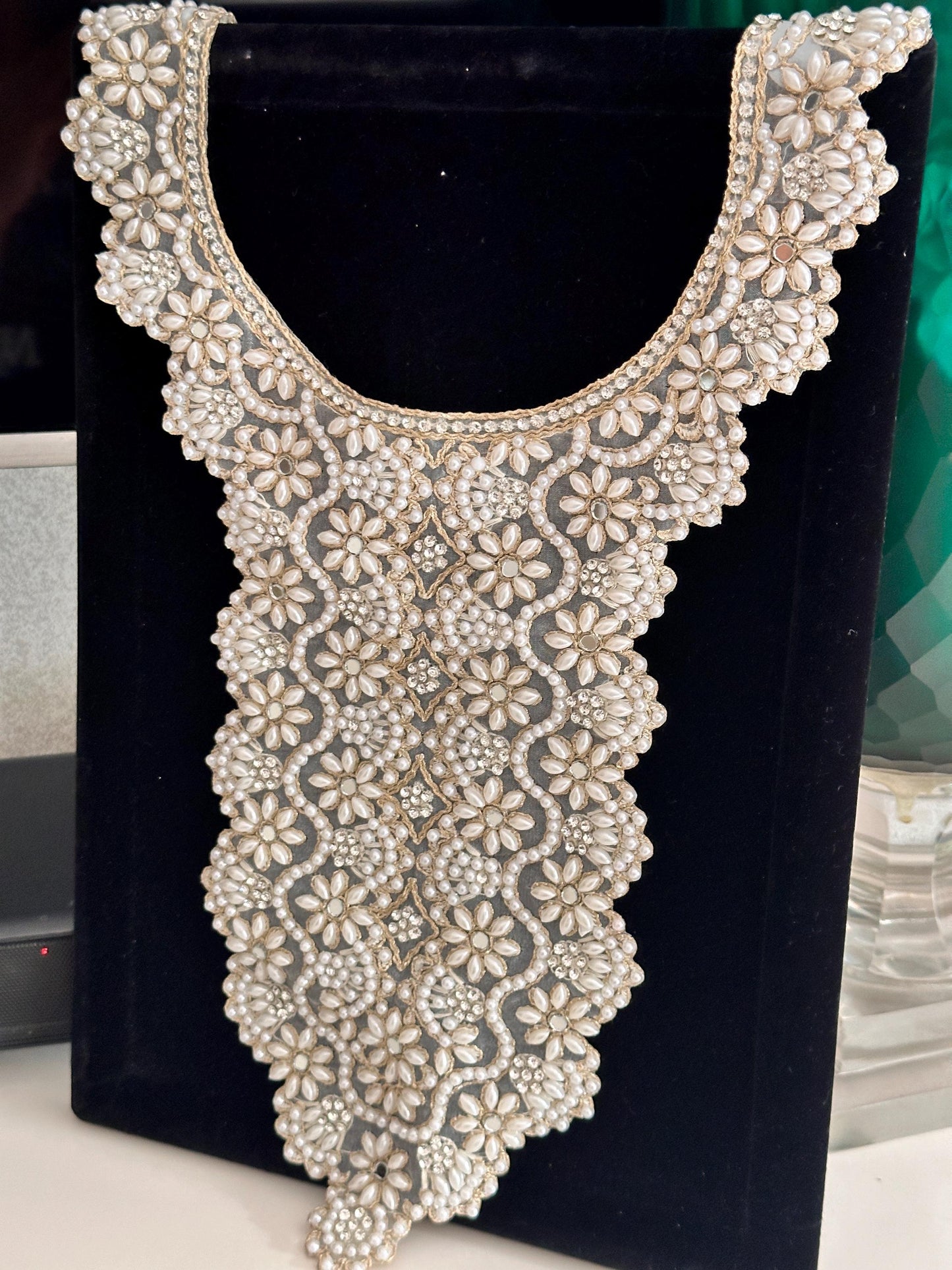Neckline patch Applique Beaded Pearl Zircon Embroidered Applique Sew on