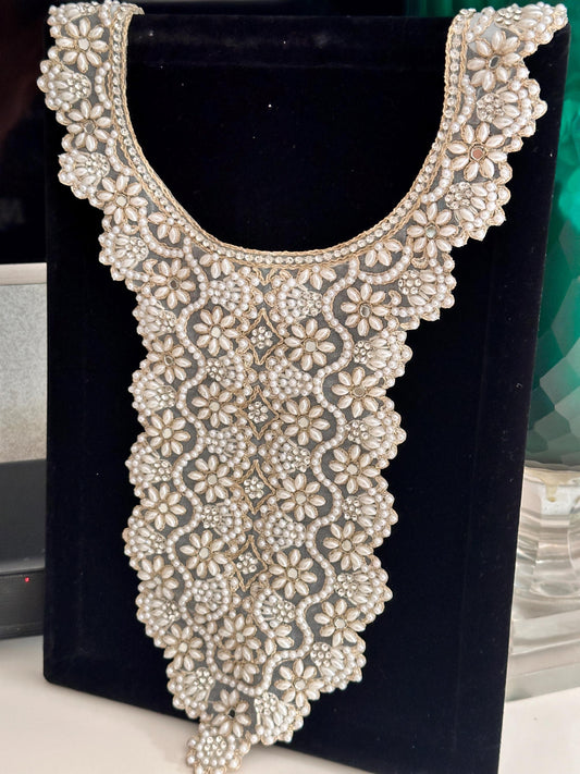 Neckline patch Applique Beaded Pearl Zircon Embroidered Applique Sew on