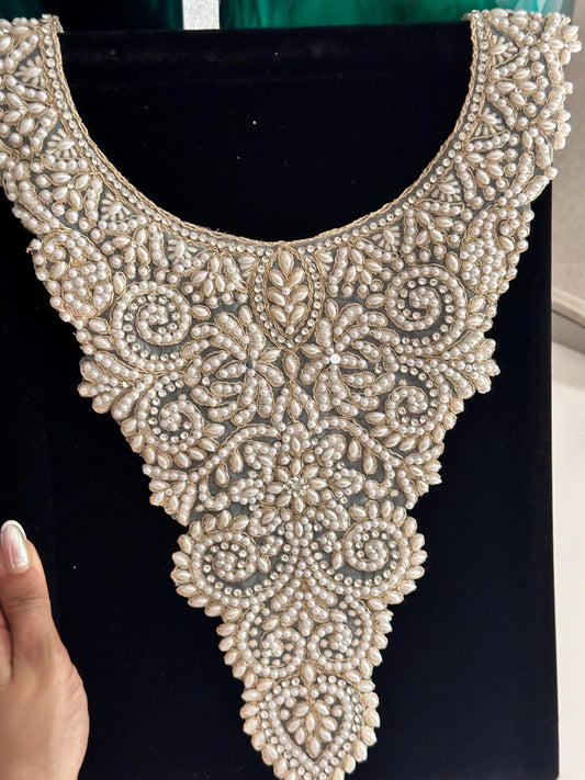 Pearl Beaded Neckline Patch Minimalist Indian Applique Costume Patch
