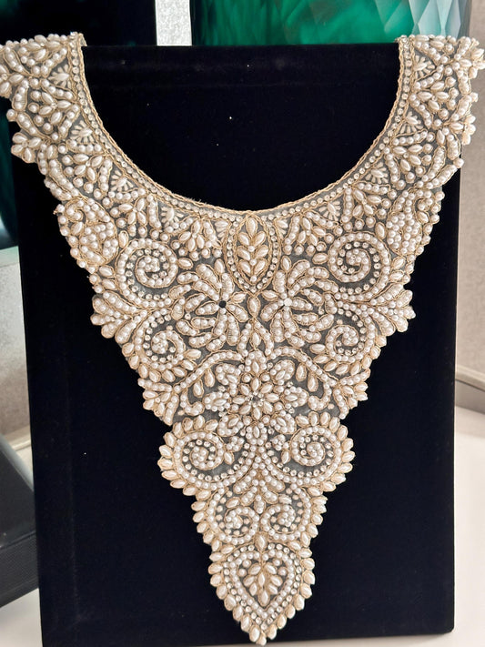 Pearl Beaded Neckline Patch Minimalist Indian Applique Costume Patch