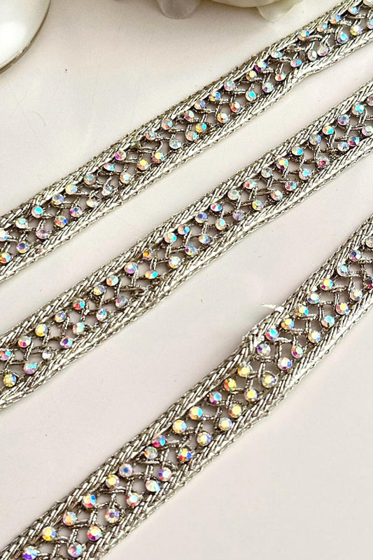 Rainbow Colour Zircon Stone Ribbon Lace trim Light Gold Zari Thread for Festive wear Christmas decor Gifting Idea Headband Lace Sew on trim