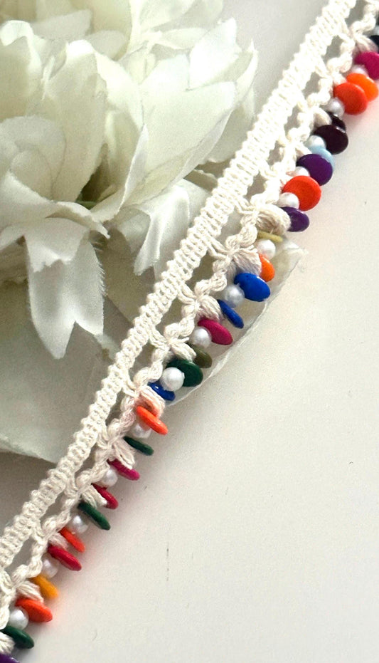 Colorful Indian Pearl Stone Bead Tassel Trim with Crochet Lace Edging for Kaftan Dress Home Decor